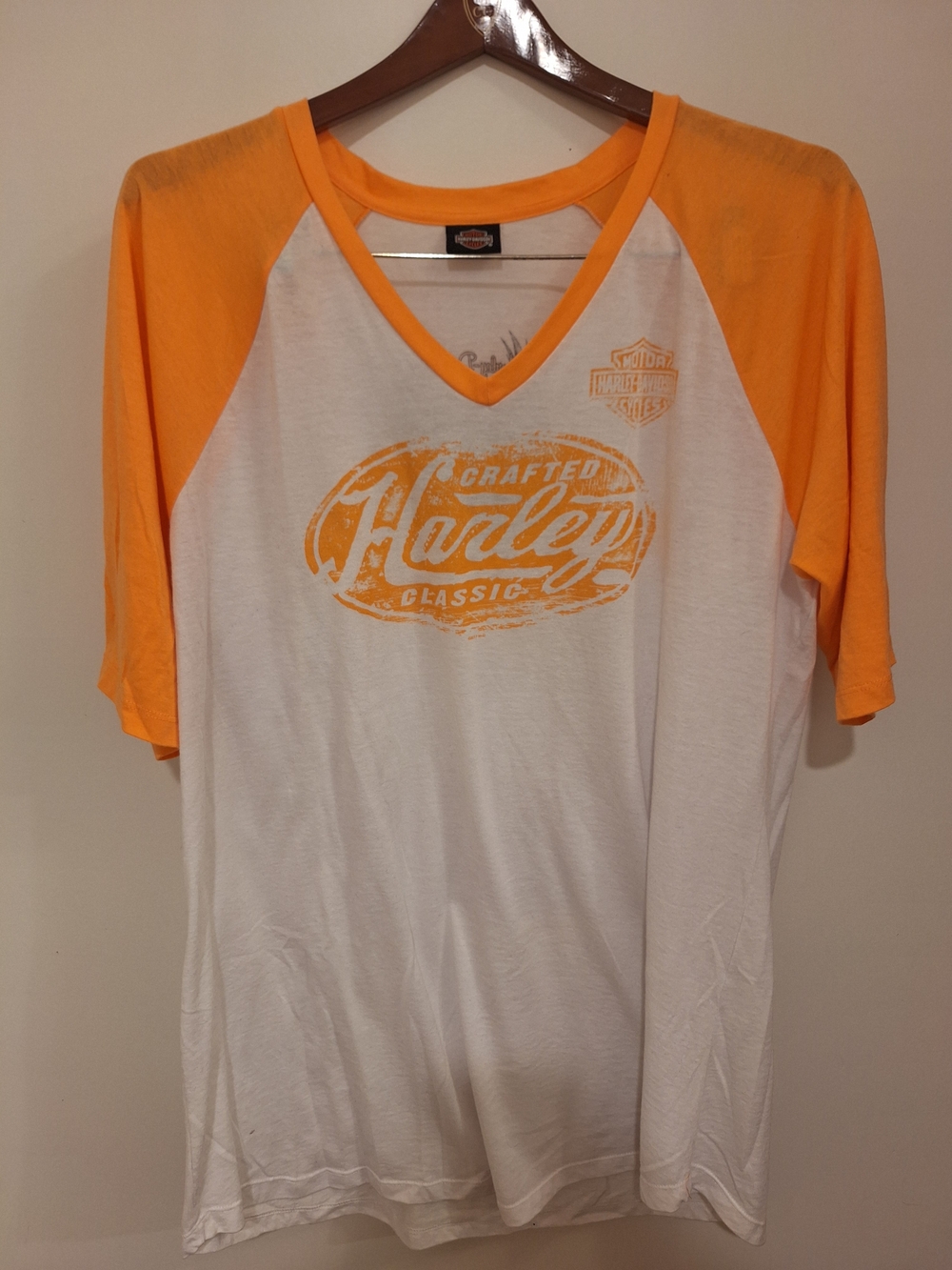 Harley-Davidson White V-Neck Raglan Tee with Orange Accents